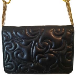Vtg OLEG CASSINI Blk Quilted Leather Flap Front Chain Strap Shoulder Bag Clutch